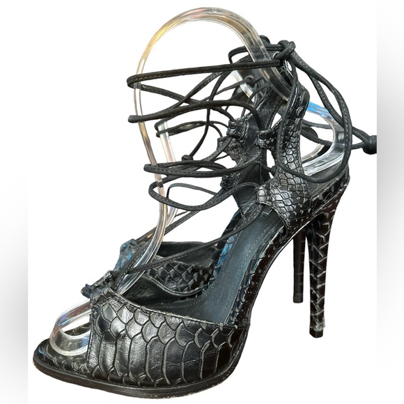 SCHUTZ Black Snakeskin Leather Tie-Up Heels - Picture 5 of 11